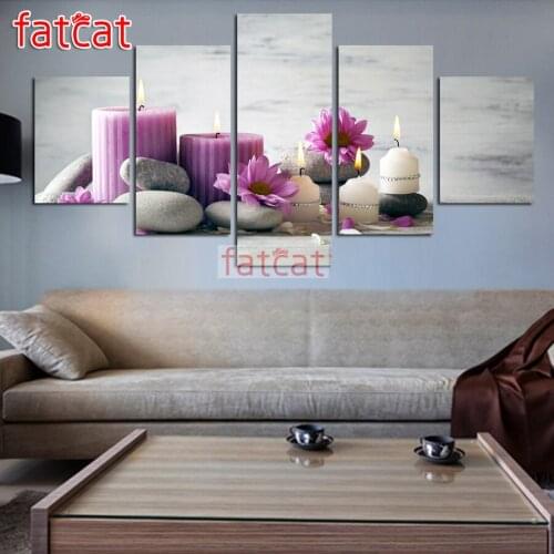 FATCAT Red White Candles Stone Flower 5 Piece Diy Diamond Painting Full Square Round Drill Mosaic Embroidery Sale Decor AE2570