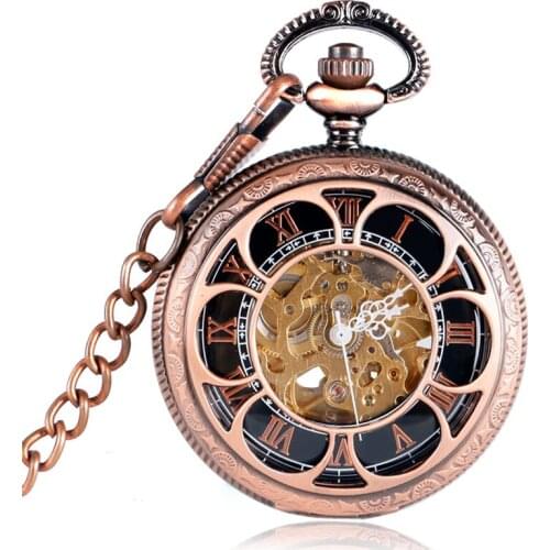 Hollow Antique Flowers Skeleton Cooper Mechanical Hand Wind Pocket Watch Men Carving Fob Clock Steampunk reloj de bolsillo Gifts