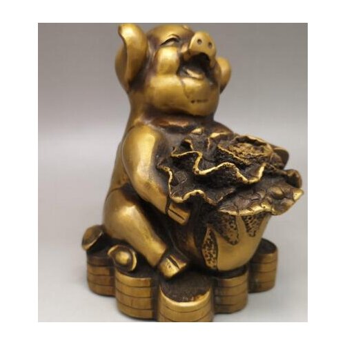 6“China antique Qianlong brass Chinese Zodiac Get rich Pig