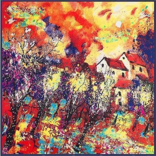 100cm Square 100% Silk Scarf Women Scarf Oil Paiting House Foulard NeckerChief Silk Bandana Small Square Silk Scarf