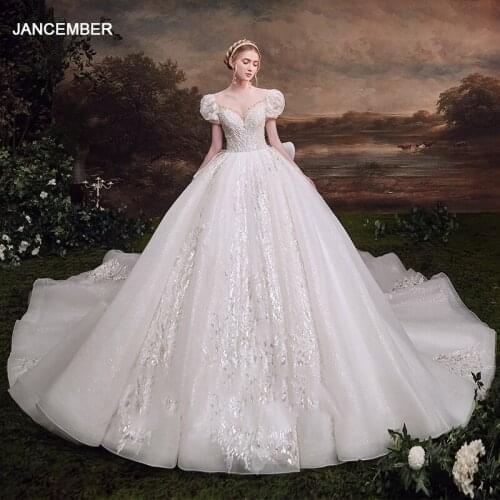 LDR100 Wedding Dress High Quality Luxury White Sweetheart Neckline Puff Sleeve Sequin Applique Royal Tail Wedding Dress