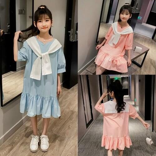 2020 New Summer Girls Dresses Cute College style Lovely Short Sleeve Cotton Frocks Princess Dress childrens Clothes 4 to 13 Yrs