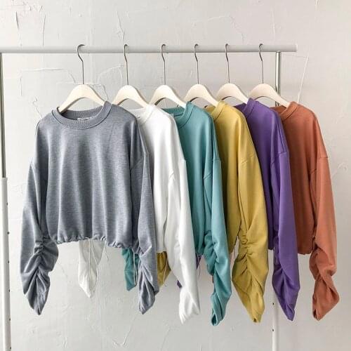 Autumn Women Short Style Shirring Hoodies Loose Tops Korean Casual Long Sleeve Pullovers Hooded Ulzzang Streetwear Female