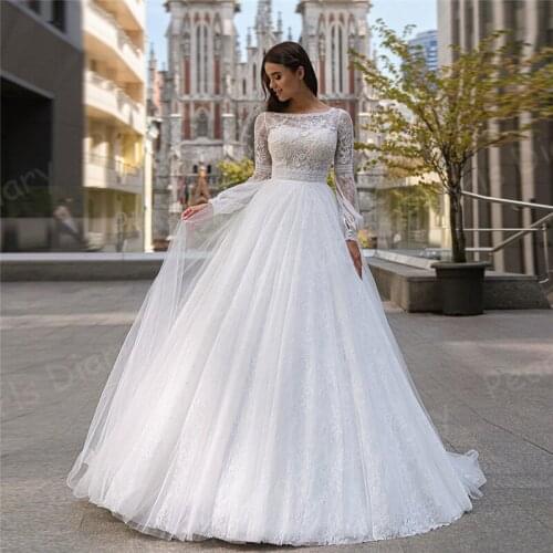 Fabulous Ball Gown Lace Wedding Dress With Long Sleeves 2021 Bride Dress Applique See Through Top Bridal Gowns Vestido De Noiva