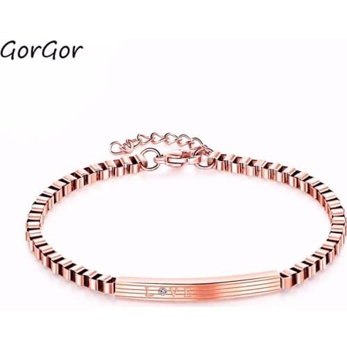 GorGor Korean Style Fashion Love Couple Bracelet Titanium Steel Rose Gold Simplicity Man Woman Rolo Chain Lobster Crossbar TS905