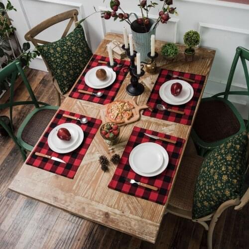 Christmas Table Food Mat Cotton Linen Coasters Double Side Black Red White Checked Home Holiday Table Decorations Plaid Placemat