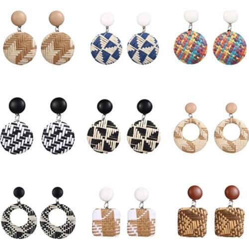 ALIUTOM Big Geometric Weave Rattan Earrings for Women Brincos New Handmade Weaving Square Rould Elegant Drop Earrings Jewelry