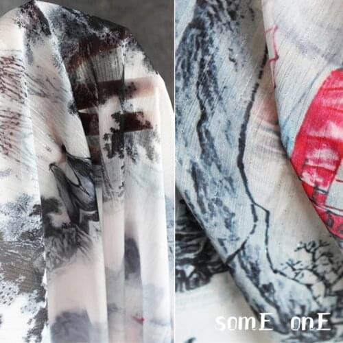 Classical Printed Chiffon Fabric Landscape Ink Painting DIY Patchwork HanFu Skirt Cheongsam Dress Designer Fabric 105*135cm