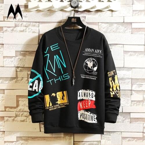 Men Sweatshirts Fashion Trend Print Black Sweatshirt Street Hip Hop Loose Hoodie Mens Casual O-Neck Pullover Harajuku Streetwear