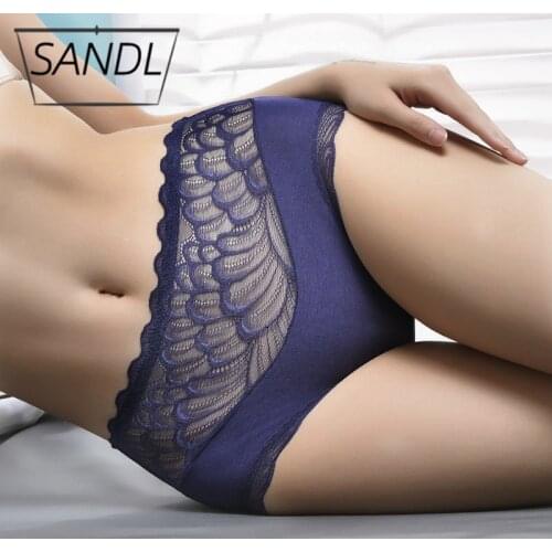 SANDL Underwear Women Panties Sexy Mid-Waist Waves Lace Briefs Cotton Translucent High-Elasticity Female Underpants Lingerie