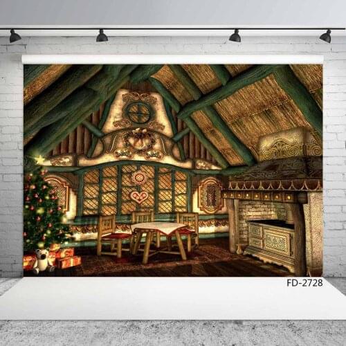 Vintage Warm Wooden House Christmas Tree Gift Toy Photo Backdrop Vinyl Cloth Photoshoot Background for Baby Child Photo Studio