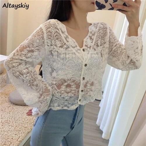 Women Blouse Spring Retro Hook Flower Hollow Long Sleeve Open Stitch French Style Sexy V-neck Single Breasted Chic Soft Female