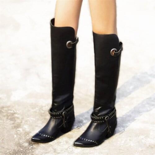 Black Pointed Toe Rivet Women Thigh High Boots Genuine Leather Over the Knee Boots Autumn Winter High Heel Botas Mujer