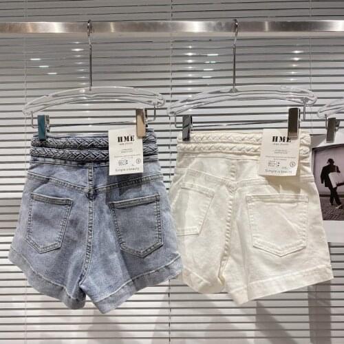 2021 summer new denim shorts fashion woven double waist lead elastic temperament three-point denim shorts women