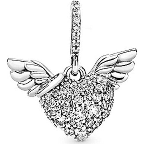 100% 925 Sterling Silver Charm Angel Wing With Crystal Love Pendant Fit Pandora Women Bracelet & Necklace Diy Jewelry