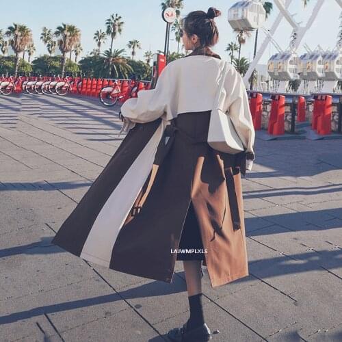 High quality 2020 vintage autumn Trench Coat Women Long Fashion Spliced Khaki Brown Contrast Color Patchwork Spring Windbreaker