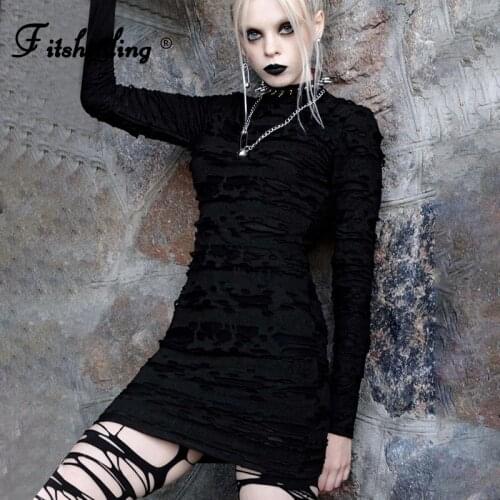 Fitshinling Gothic Dark Bodycon Dress Cut Out Skinny Slim Sexy Vestidos Grunge Punk Black Long Sleeve Dresses For Women Clothing