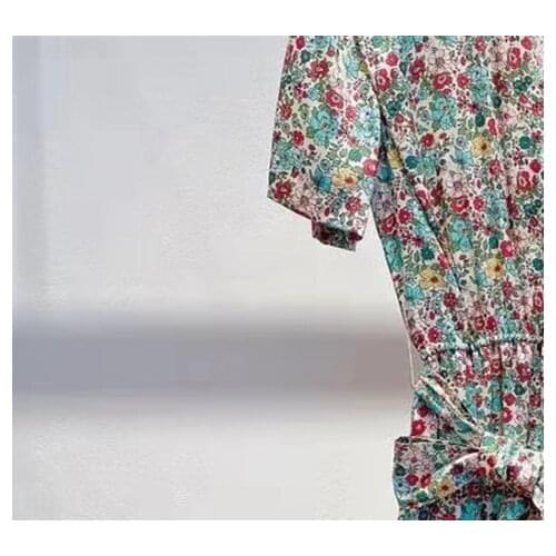 2021 Summer Women Floral Dress Printing Pleated V-Neck Short Sleeve Slim Waist Lace-Up Long Robes Ladies Vintage Mid-Calf