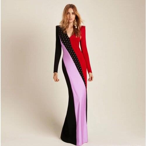 Elegant Multicolor Maxi Celebrity Party Vestidos High Quality Fashion Black Pink With Red Patchwork Long Sleeve Bandage Dress
