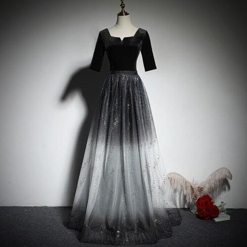 Elegant Square Collar Evening Dress New Empire Half Sleeves A-Line Sequins Lace Up Floor-Length Party Formal Dresses Woman B1087