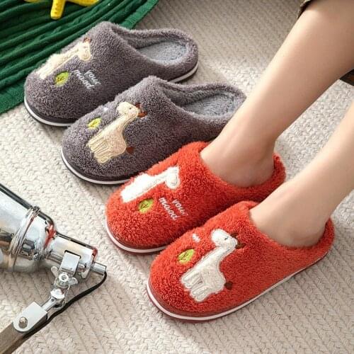 Winter Warm Slippers Women Men Cartoon Deer Thick Sole Non-slip Plush Cotton Shoes Memory Foam Couples Home Bedroom Fur Slides