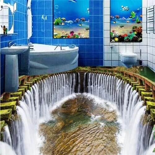 Beibehang Custom waterfall cliff self-adhesive floor beautiful waterfall water washroom bedroom living room 3D floor wallpaper