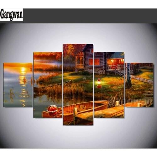 5D round square diamond embroidery 5 Panel Sunset Night View Ship House Diy full sets diamond painting mosaic pictures decor