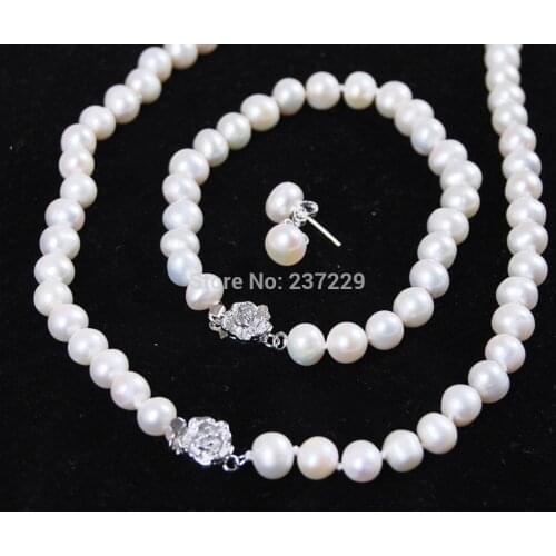 Free shipping Wholesale price + 7-8mm White Freshwater Cultured Pearl Bracelet Necklace Earrings Set $30