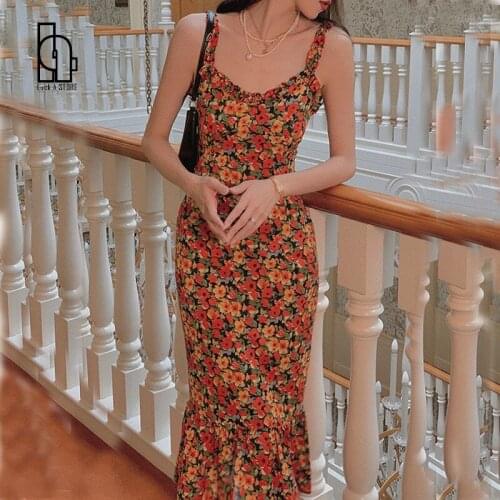 Elegant Vintage Floral Strap Dress Women Print Fishtail Birthday Party Mini Dress Bodycon Beach Casual Clothing Boho Summer 2021