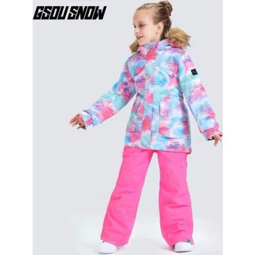 GSOU SNOW Girls Ski Suit Kids Snowboard Clothing Trouser Winter Fur Hooded Jacket Pant Windproof Waterproof Outdoor Sport Wear
