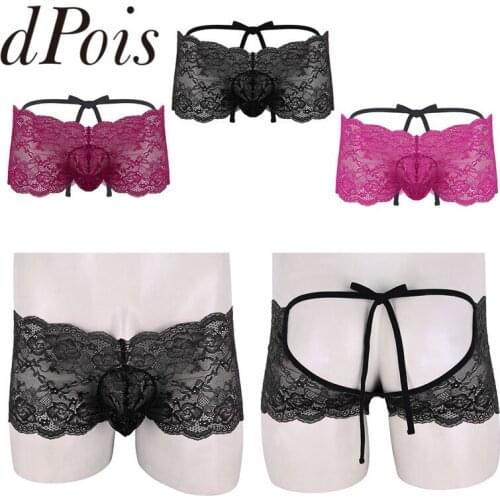 Homens Mens Lingerie See Through Strappy Bulge Pouch Low Rise Floral Lace Bikini Briefs Underwear For Man