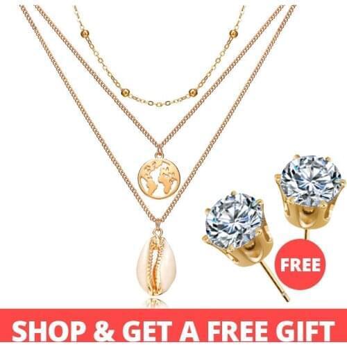 Buy 1 Get 1 Gift Gold Sliver Multi layer Necklace For Women Shell Choker Necklaces & Pendants 2019 Female Ocean Fashion Jewelry