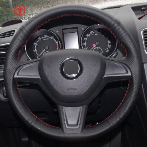 LQTENLEO Black Genuine Leather Hand-stitched Car Steering Wheel Cover for Skoda Citigo 2013-2019 Fabia 2013-2019 Yeti 2014-2019