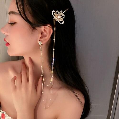 Fashion Personalized Ear Clip Hairwear Integrated Earrings Diamond Pearl Flower Hair-Accessories For Women Design Birthday Gift