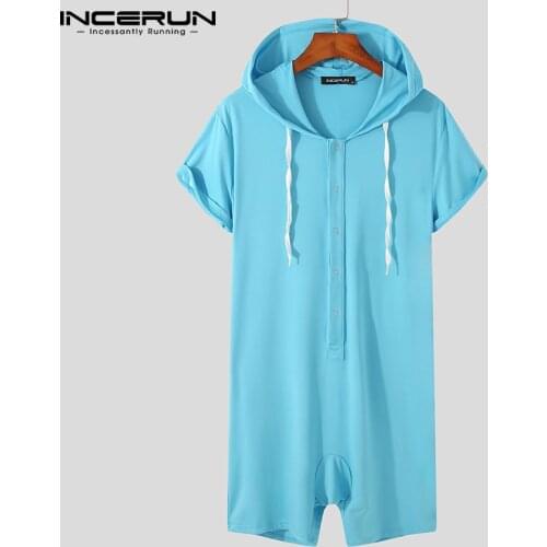 Men Pajamas Rompers Hooded Homewear Solid Color Short Sleeve Button Jumpsuits 2021 Cozy Leisure Men Playsuits Nightwear INCERUN