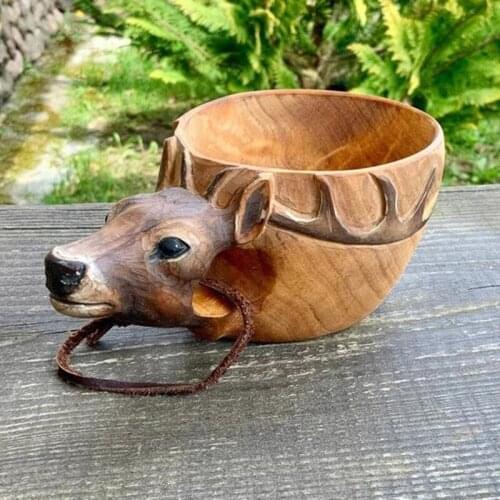 New Hand Carved Cup Scandinavian Kuksa Wooden Mug Camping Gear Cup Kuksa Guksi Kuksa Bear/Fox/Wolf/Fish/Moose/Deer/Wild Boar Cup