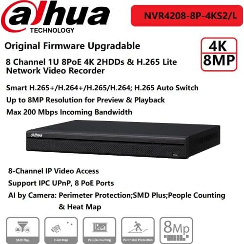 Original Dahua Network Video Recorder NVR4208-8P-4KS2/L 8Channel 1U 2HDD 8PoE Lite 4K H.265 Support IP Camera UPnP AI by Camera