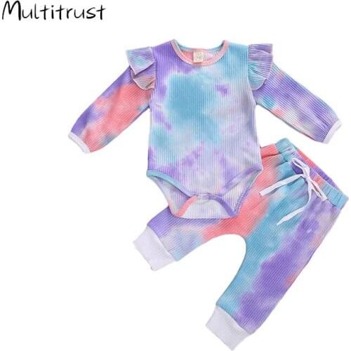 2020 Autumn Tie Dye 2Pcs Clothes Set For Newborn Toddler Baby Girl Ruffle Long Sleeve Bodysuit+Pants Outfits