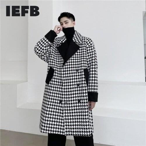 IEFB /mens wear autumn winter Plaid color patchwork loose big size mid length woolen coat for male double breasted long coat