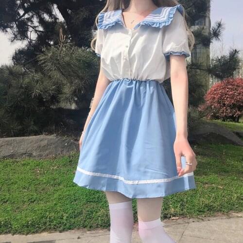 Japanese Soft Girl Summer Dress 2021 New Navy Color Block Short Sleeve Ruffle Sweet Princess Dresses Vestidos Kawaii Women Dress