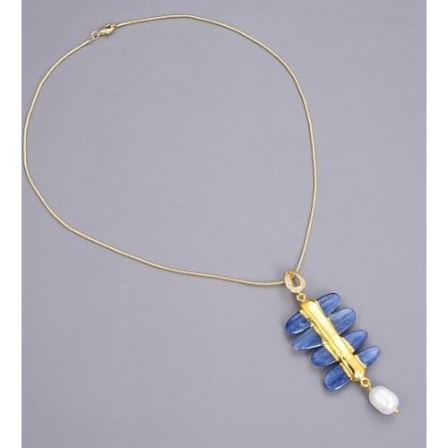 17" Natural Blue Kyanite Freshwater White Pearl Pendant Wire Choker Necklace