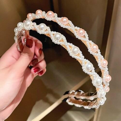 2021 New Fashion Pearls Hairband Women Metal Plastic Headwear White Pink Headband Wedding Hair Accessories Luxury Birthday Gifts