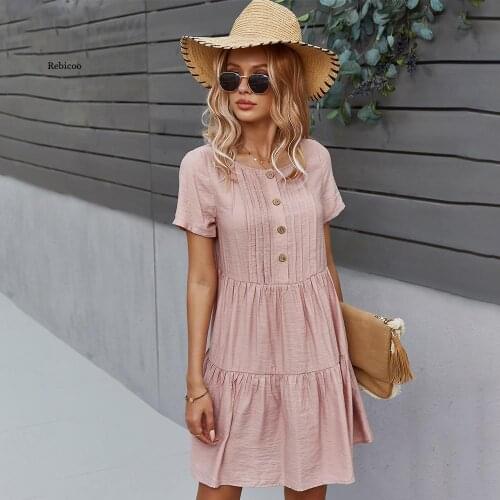 Holiday Beach Pure color dress for womens Summer short-sleeved cotton button Dress Solid A-Line Vintage mini dress vestidos