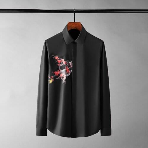 New Cotton Male Shirts Luxury Plum Blossom And Butterfly Printed Long Sleeve Mens Dress Shirts Fashion Party Man Shirts 4xl