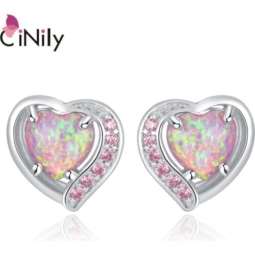 CiNily Pink Created Fire Opal Pink Zircon Silver Plated Wholesale Fashion Jewelry Heart for Women Stud Earrings 13mm OH4272