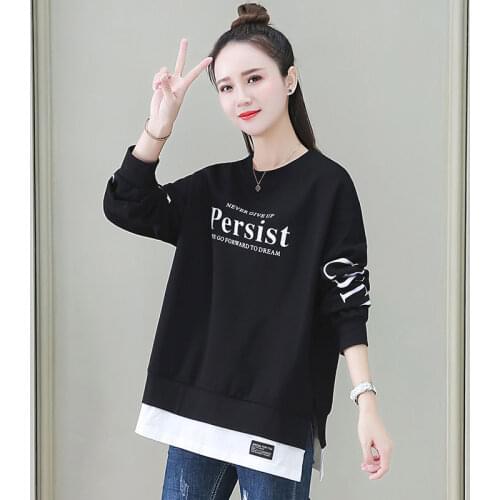 Spring Autumn Style Womens Cotton Sweatshirts O-Neck Fake Two Pieces Letter Printed Korean Casual Sweatshirts AA4067