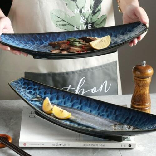 Japanese Sashimi Long Plate Cold Dishes Dessert Fish Sushi Plate Ceramic Boat Type Creative Kiln Changed Steaming Fish Tray