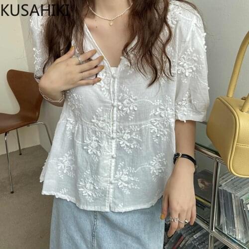 KUSAHIKI Sweet 3D Floral Women Blouse Puff Sleeve V-neck Korean Blusas Shirt 2021 Summer New Fashion Tops Mujer Camisas 6J939