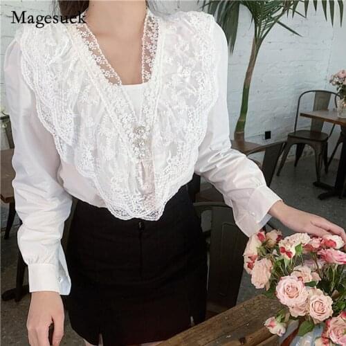 Women Crochet Lace Shirt New Vinatge Cotton White Blouse Long Sleeve Tops Female Casual Ladies Office Shirts Blouses Blusas13299