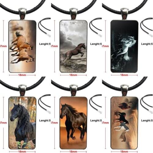 For Women Gifts Boy Jewelry With Steel Plated Glass Cabochon Choker Long Pendant Rectangle Necklace Four Horses Running